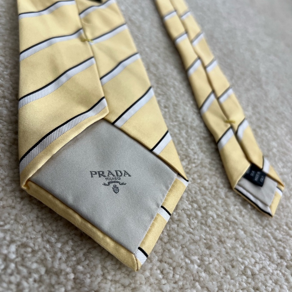 PRADA 100% SILK Tie- Yellow with Black and Silver thin stripes